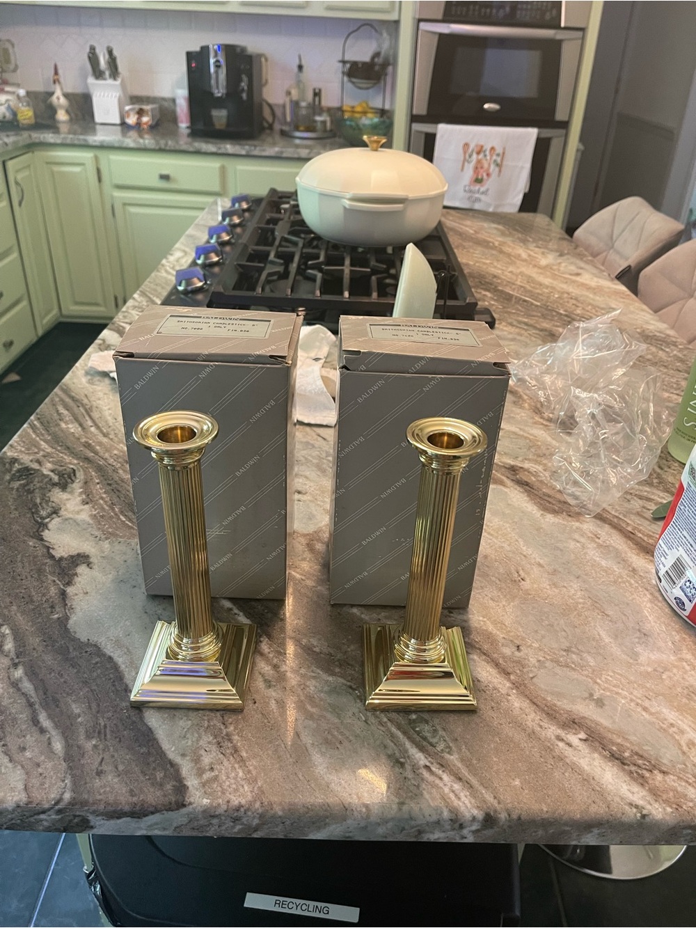 Set of Baldwin Brass Smithsonian Polished Gold Fluted Column Candlestick Pair